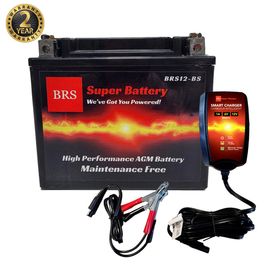 High Performance BRS12-BS 2 Year Warranty & Smart Charger / Maintainer Combo Bundle Kit 12v Sealed AGM PowerSports Battery - BRS Super Battery