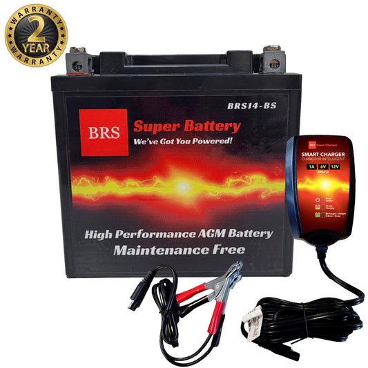 High Performance BRS14-BS 2 Year Warranty & Smart Charger / Maintainer Combo Bundle Kit 12v Sealed AGM PowerSports Battery - BRS Super Battery