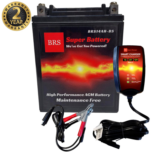 High Performance BRS14AH-BS 2 Year Warranty & Smart Charger / Maintainer Combo Bundle Kit 12v Sealed AGM PowerSports Battery - BRS Super Battery