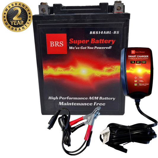 High Performance BRS14AHL-BS 2 Year Warranty & Smart Charger / Maintainer Combo Bundle Kit  12v Sealed AGM PowerSports Battery - BRS Super Battery