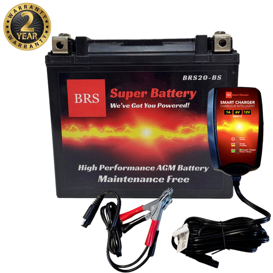 High Performance BRS20-BS 2 Year Warranty & Smart Charger / Maintainer Combo Bundle Kit  12v Sealed AGM PowerSports Battery - BRS Super Battery