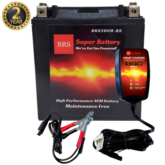 High Performance BRS20CH-BS 2 Year Warranty & Smart Charger / Maintainer Combo Bundle Kit 12v Sealed AGM PowerSports Battery - BRS Super Battery