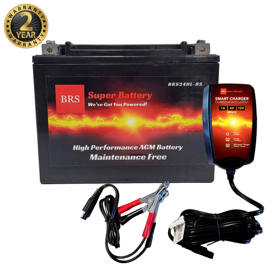 High Performance BRS24HL-BS 2 Year Warranty & Smart Charger / Maintainer Combo Bundle Kit 12v Sealed AGM PowerSports Battery - BRS Super Battery