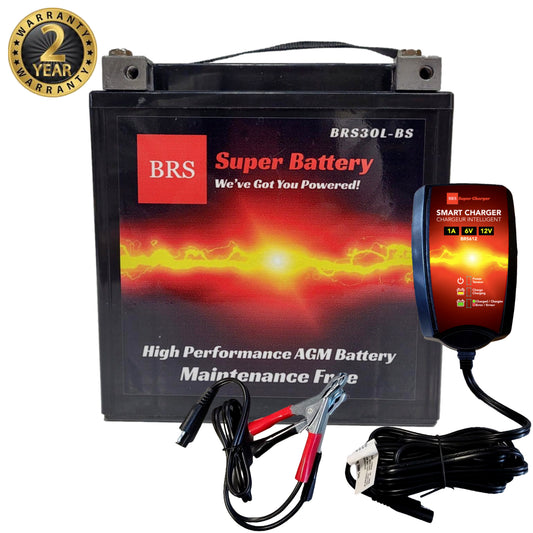 High Performance BRS30L-BS 2 Year Warranty & Smart Charger / Maintainer Combo Bundle Kit  12v Sealed AGM PowerSports Battery - BRS Super Battery
