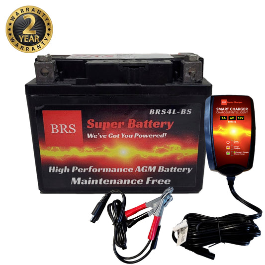 High Performance BRS4L-BS 2 Year Warranty & Smart Charger / Maintainer Combo Bundle Kit 12v Sealed AGM PowerSports Battery - BRS Super Battery