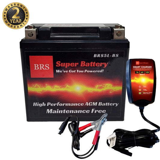High Performance BRS5L-BS BS 2 Year Warranty & Smart Charger / Maintainer Combo Bundle Kit 12v Sealed AGM PowerSports Battery - BRS Super Battery