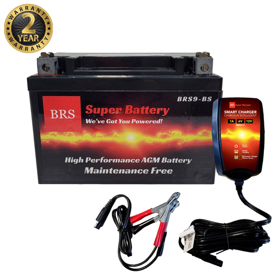 High Performance BRS9-BS 2 Year Warranty & Smart Charger / Maintainer Combo Bundle Kit 12v Sealed AGM PowerSports Battery - BRS Super Battery