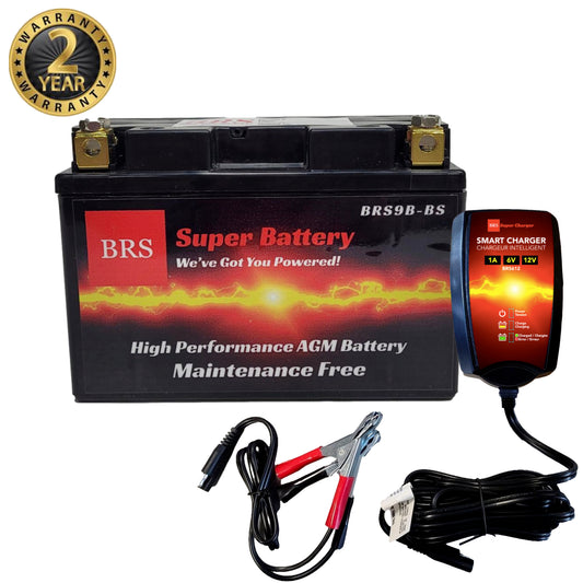 High Performance BRS9B-BS 2 Year Warranty & Smart Charger / Maintainer Combo Bundle Kit 12v Sealed AGM PowerSports Battery - BRS Super Battery