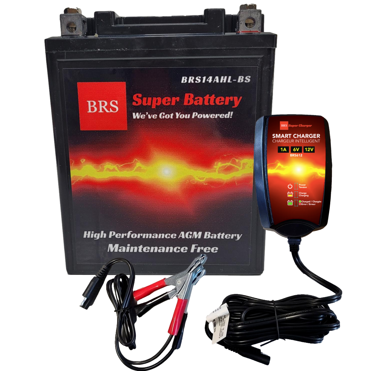 High Performance BRS14AHL-BS 2 Year Battery & Smart Charger / Maintainer Combo Bundle Kit  12v Sealed AGM PowerSports Battery - BRS Super Battery