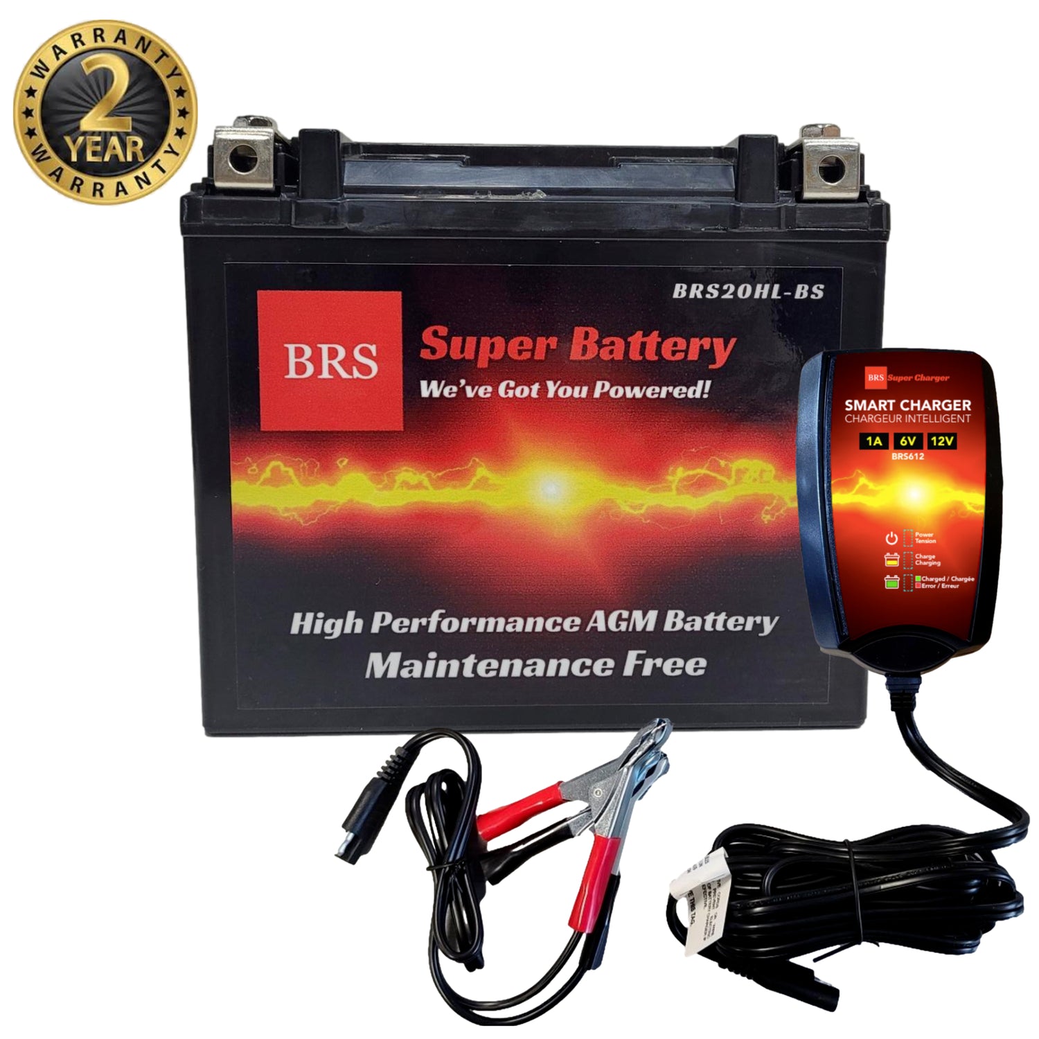 High Performance BRS20HL-BS 2 Year Warranty & Smart Charger / Maintainer Combo Bundle Kit 12v Sealed AGM PowerSports Battery - BRS Super Battery