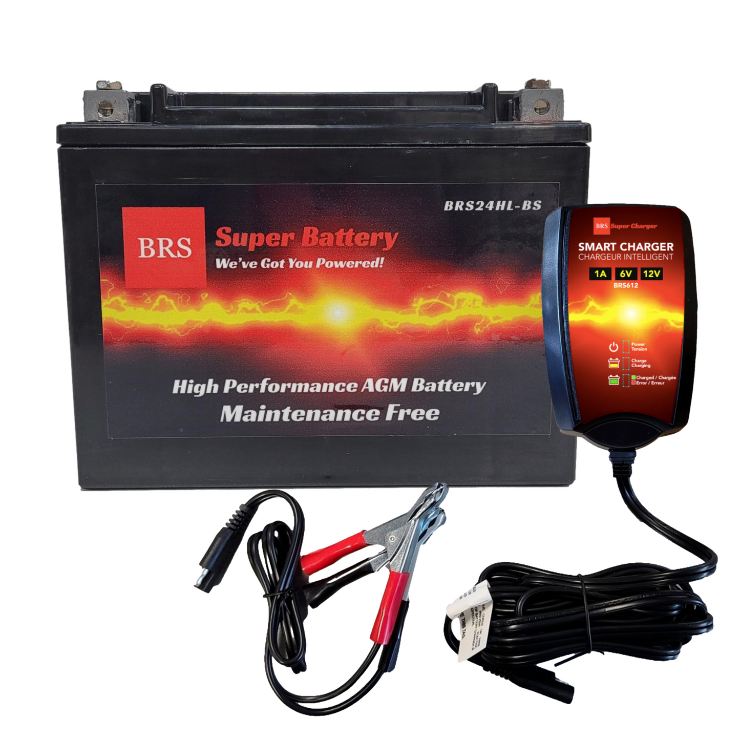 High Performance BRS24HL-BS 10 Year Battery & Smart Charger / Maintainer Combo Bundle Kit 12v Sealed AGM PowerSports Battery - BRS Super Battery