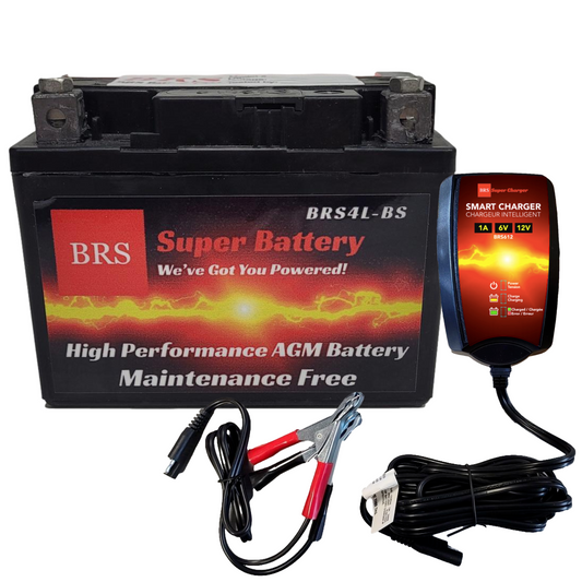 High Performance BRS4L-BS 2 Year Battery & Smart Charger / Maintainer Combo Bundle Kit 12v Sealed AGM PowerSports Battery - BRS Super Battery