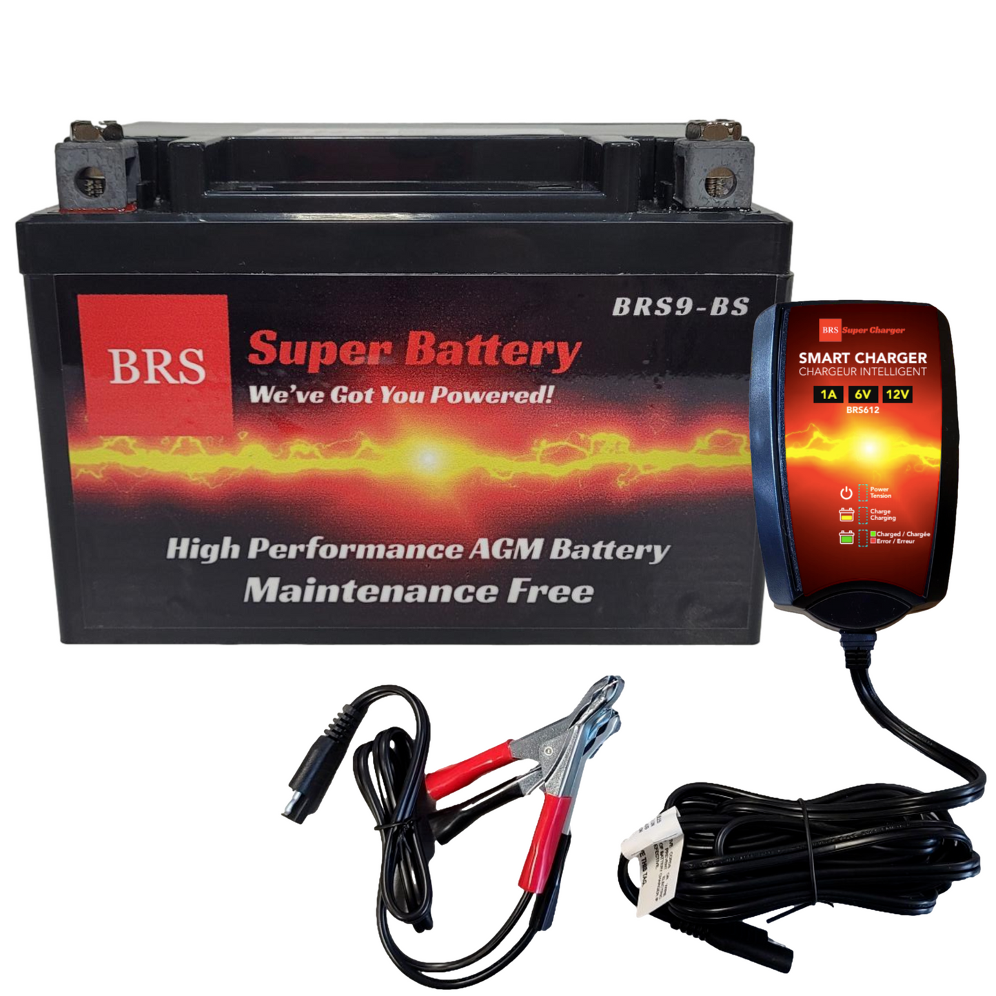 High Performance BRS9-BS 2 Year Battery & Smart Charger / Maintainer Combo Bundle Kit 12v Sealed AGM PowerSports Battery - BRS Super Battery