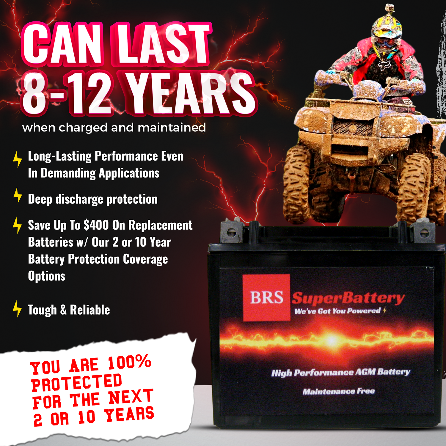 High Performance BRS14AHL-BS 10 Year Battery & Smart Charger / Maintainer Combo Bundle Kit 12v Sealed AGM PowerSports Battery - BRS Super Battery