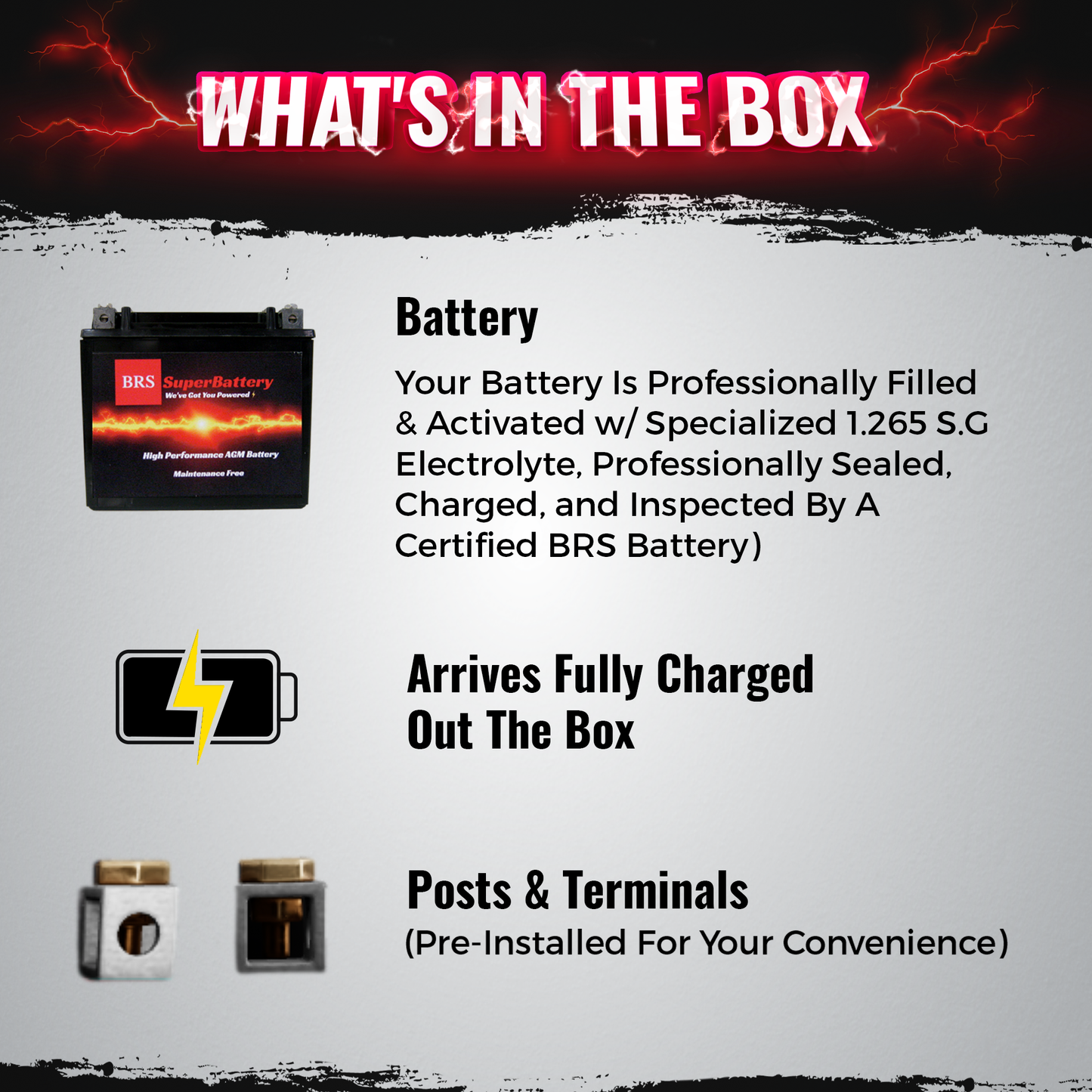 BRS14AH-BS 12v High Performance Sealed AGM PowerSport 2 Year Battery - BRS Super Battery