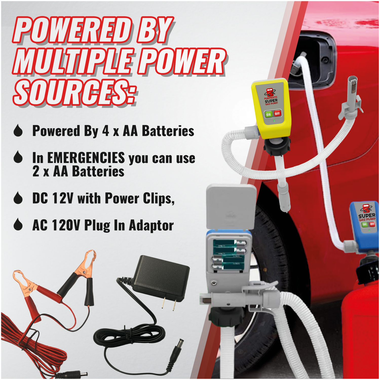 PumpMatic Super Gas Pump Fuel Transfer Pump for Gas, Diesel, Kerosene + 3 Power Sources w/ Extra Long Hose Siphon - BRS Super Battery